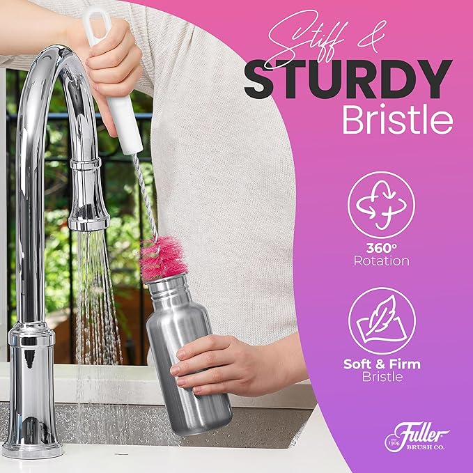 Fuller Brush Bottle Brush – Cleans Narrow Mouth Water Bottles, Travel Mugs, Sports Tumblers, Hydration Flasks, Gym Jugs - Pink