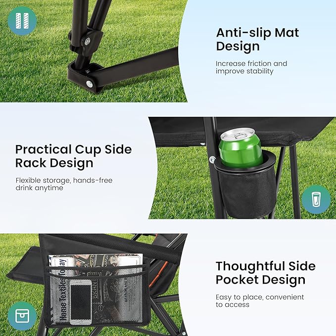 HIGH POINT SPORTS Oversized Folding Camping Chairs for Adults, High Backrest Heavy Duty Lawn Chairs Support 500 LBS Portable Collapsible Camp Chairs with Cup Holders,Side Pocket, Black
