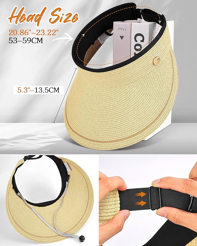 Sun Visor Hat for Women,Wide Brim Beach Hat UV Protection, Packable Straw Sun Visor Hat for Vacation,Summer