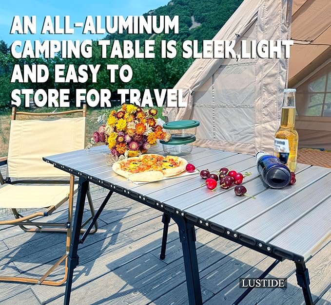 Portable Adjustable Camping Table - Sturdy Aluminum, Oversized Foldable Surface for Outdoor Picnic, BBQ, and Indoor Use,Silver