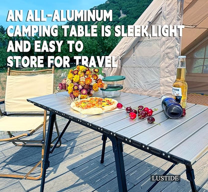 Portable Adjustable Camping Table - Sturdy Aluminum, Oversized Foldable Surface for Outdoor Picnic, BBQ, and Indoor Use,Silver