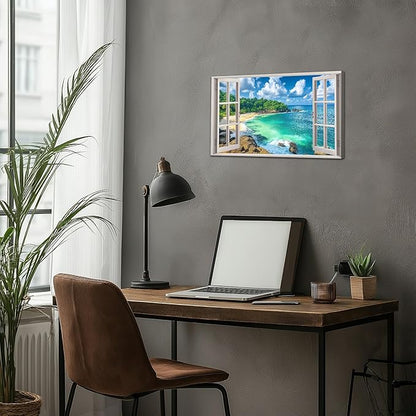 ANRUOXI Beach Window Canvas Wall Art, Enclosed Bedroom Living Room Ocean Coastal Channel Scene Picture, Tropical Sea Landscape Painting Print Artwork Horizontal Seascape Artwork for Bedroom 12x18 Inch