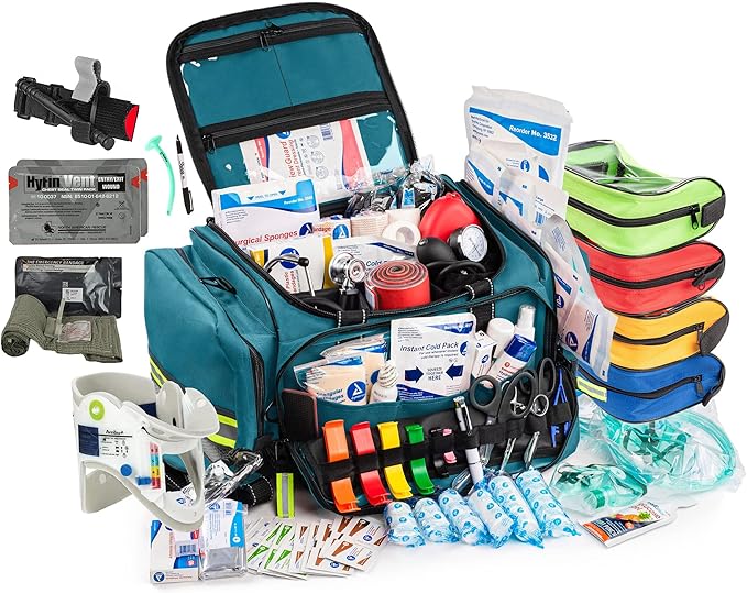 Scherber Fully-Stocked First Responder Bag | Large Professional EMT/EMS Trauma & Bleeding Kit | HSA/FSA Approved | CAT Tourniquet, HyFin Chest Seal, Israeli Bandage & 250+ First Aid Supplies (Blue)