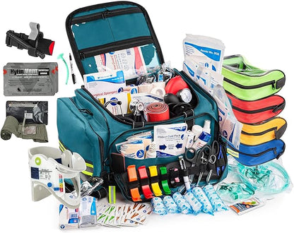 Scherber Fully-Stocked First Responder Bag | Large Professional EMT/EMS Trauma & Bleeding Kit | HSA/FSA Approved | CAT Tourniquet, HyFin Chest Seal, Israeli Bandage & 250+ First Aid Supplies (Blue)