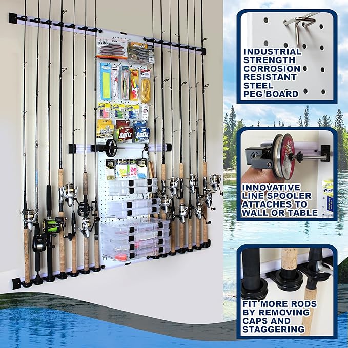 Rush Creek Creations - Fishing Rod Holder for Garage, Fishing Pole Rack Wall Mount & Tackle Storage, No Limit Vertical Fishing Rod Rack Holder, Modular Wall Unit, Fishing Pole Rods Rack