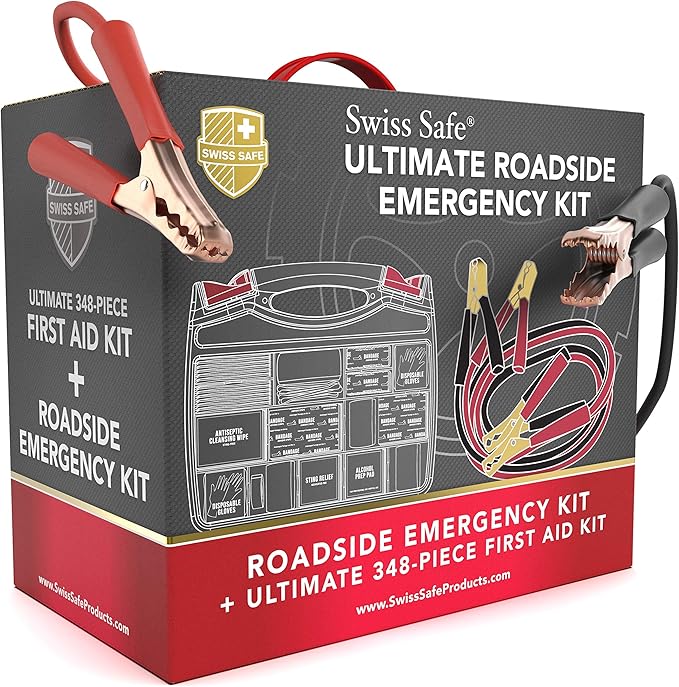 Swiss Safe 2-in-1 Car Emergency Kit | 12-FT Heavy-Duty Jumper Cables & 378-Piece Comprehensive Car First Aid Kit | Compact Roadside Auto Essentials for Vehicle Safety