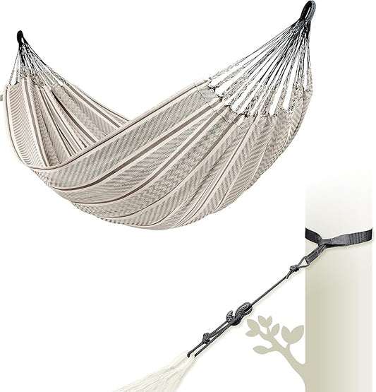 LA SIESTA Flora Classic Cotton Hammock & TreeMount - Indoor Outdoor Large Patio Bed With Tree Straps for Beams Posts, Portable Double 2 Person, Zebra