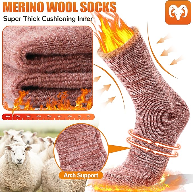EBMORE Merino Wool Thermal Warm Socks Thick Winter Hiking Cozy Crew Comfy Cushioning Socks 4 Pairs for Women Men