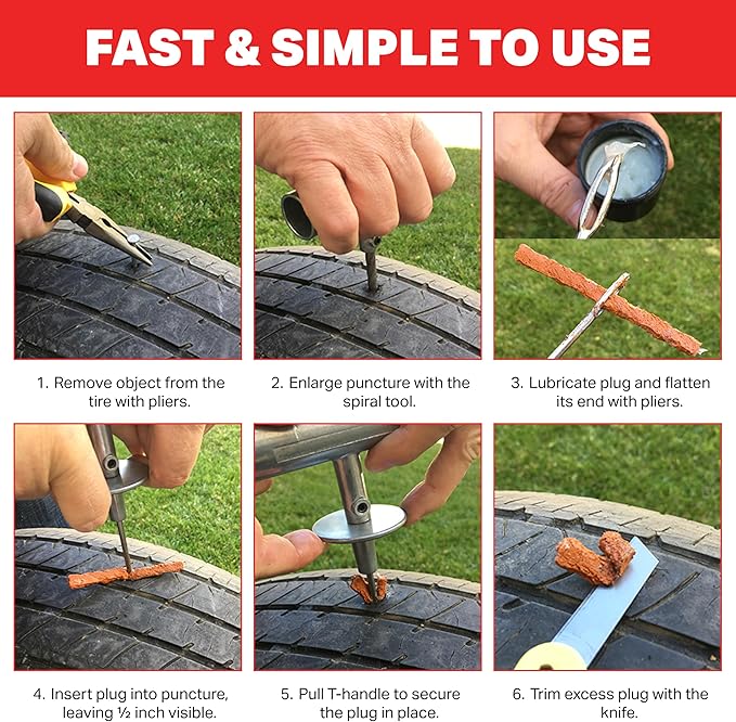 Tire Repair Kit by Boulder Tools - Heavy Duty Plug Kit for Cars, Trucks, Motorcycles, ATVs - Complete Flat Fix Automotive Tools Set with Storage Case, Valve Tool, Pliers, and Repair Plugs