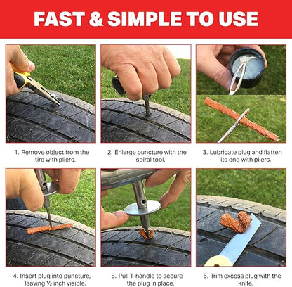 Tire Repair Kit by Boulder Tools - Heavy Duty Plug Kit for Cars, Trucks, Motorcycles, ATVs - Complete Flat Fix Automotive Tools Set with Storage Case, Valve Tool, Pliers, and Repair Plugs