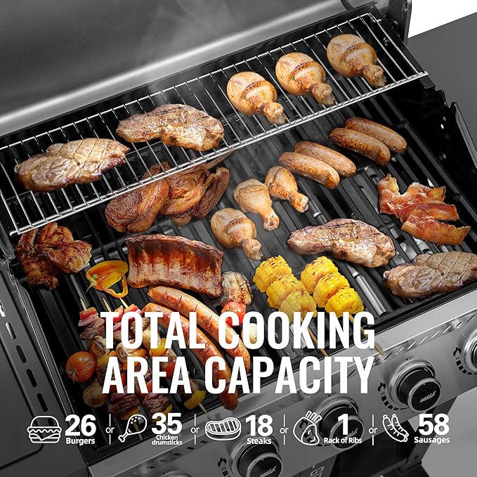 Royal Gourmet GA5406TS 5 Burner Propane Gas Grill with Side Burner and Sear Burner, Cart Style Gas BBQ Grill with Porcelain-Enameled Cast Iron Grates for Backyard Cooking, Silver & Black