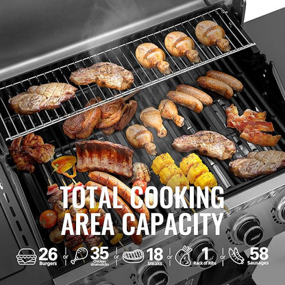 Royal Gourmet GA5406TS 5 Burner Propane Gas Grill with Side Burner and Sear Burner, Cart Style Gas BBQ Grill with Porcelain-Enameled Cast Iron Grates for Backyard Cooking, Silver & Black