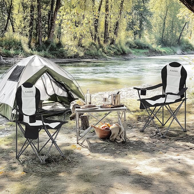 Camping Chairs for Heavy People, Folding Chairs for Outside Outdoor Folding Chairs with Cup Holder & Cooler Bag, Camp Chairs Supports up to 500lbs(1 PC, Black White)