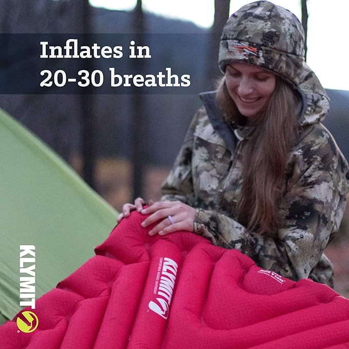 Klymit Insulated Static V Luxe Inflatable Sleeping Pad for Camping, Lightweight Hiking and Backpacking Air Bed for Cold Weather,Red & Insulated Static V Inflatable Sleeping Pad for Camping