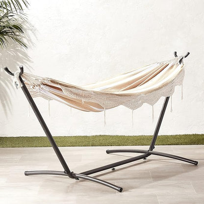 Amazon Basics Double Hammock with 9-Foot Space Saving Steel Stand and Carrying Case, 450 lb Capacity, Beige Stripe with Lace, 110 x 47 x 43 inches