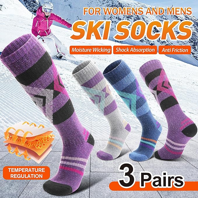 3 Pairs Merino Wool Ski Socks for Womens Mens Thermal Winter Warm Thick Knee High Socks for Skiing Snowboarding