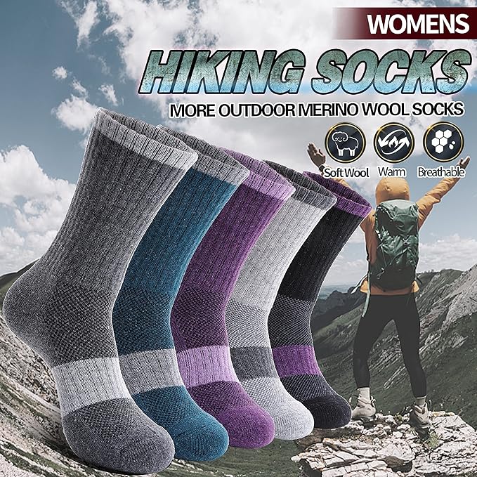 Anlisim Merino Wool Hiking Socks for Women Thermal Winter Warm Boot Work Cushion Socks 5 Pairs