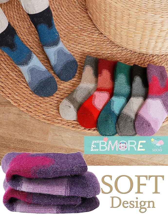 EBMORE Kids Merino Wool Hiking Socks Thermal Winter Warm Thick Boys Toddlers Girls Cushion Crew Socks 6 Pairs